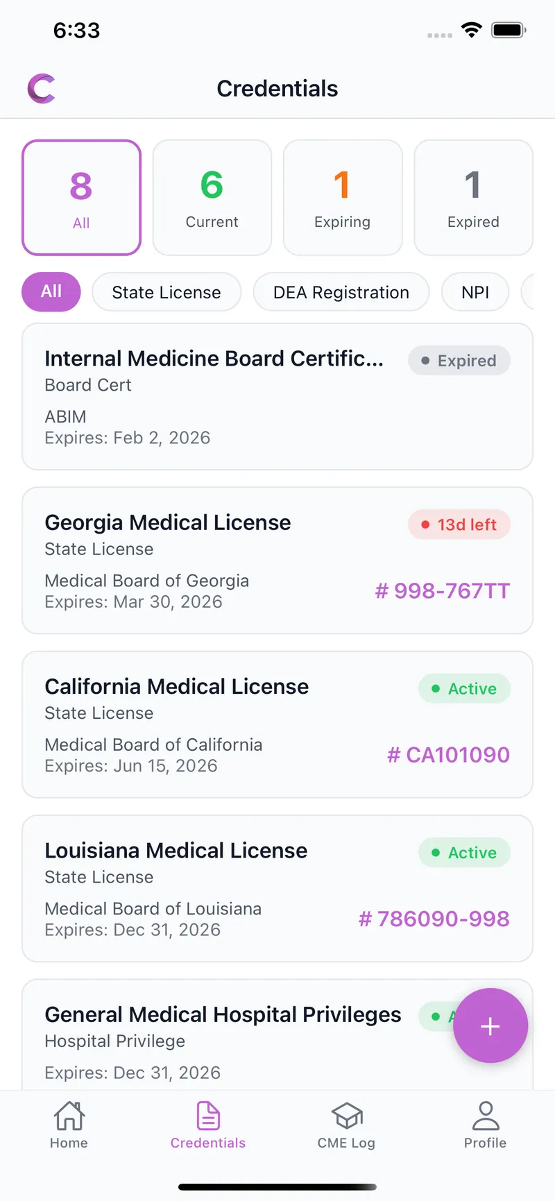 CredBook light mode: Credentials List